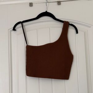 Babaton Brown Ribbed One-Shoulder Crop Top